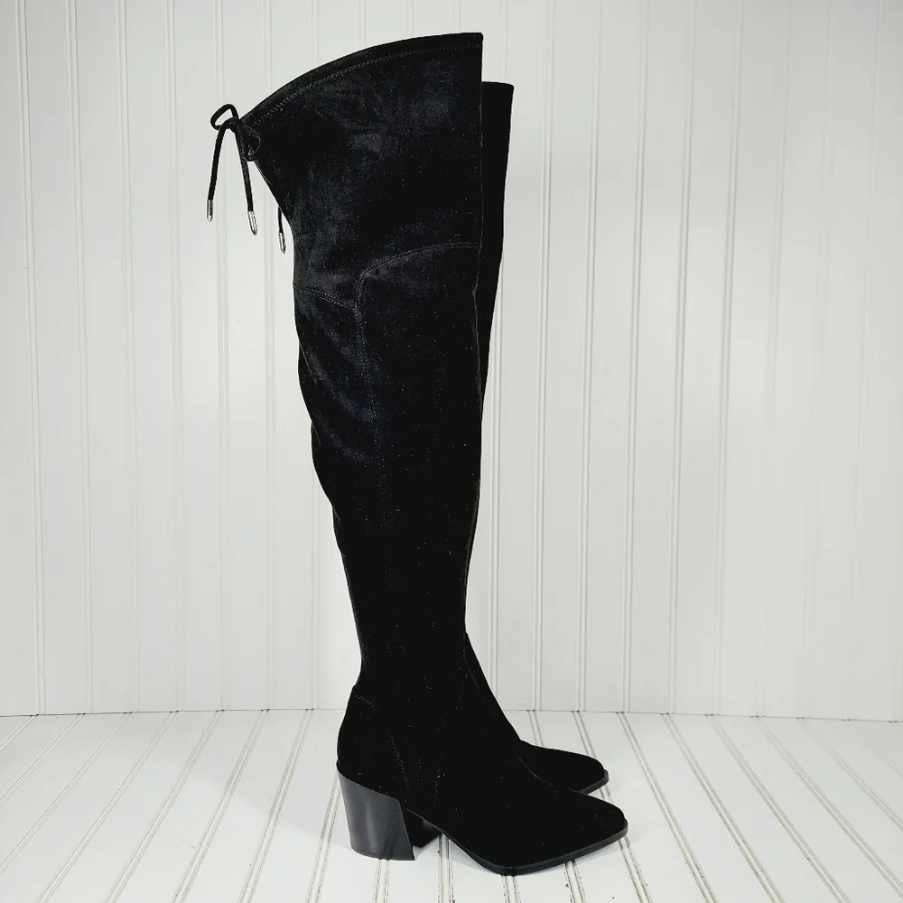 NEW Marc Fisher Comara Over The Knee Pointed Toe Boot Black Stretch Suede M43